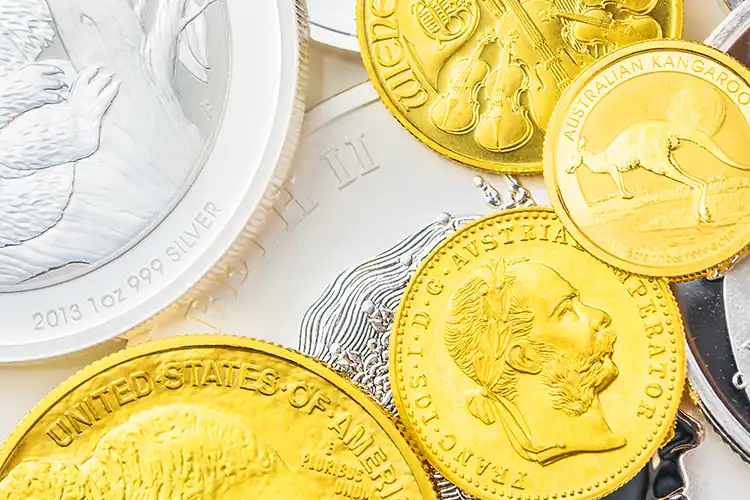 Pure gold and silver coins, investment grade precious metal bullion
