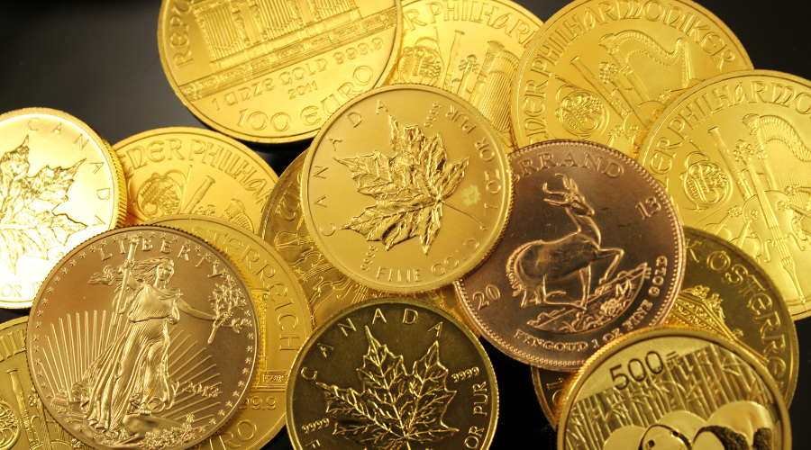 Gold government minted coins, canadian maple leafs, eagles, philharmonics, pandas, and krugerrands