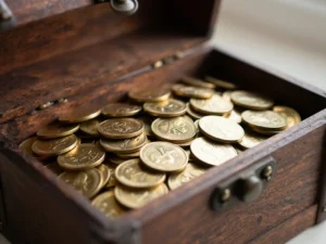A treasure chest filled with old, historic, gold coins
