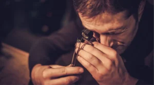 A craftsman appraising a diamond for a wedding ring