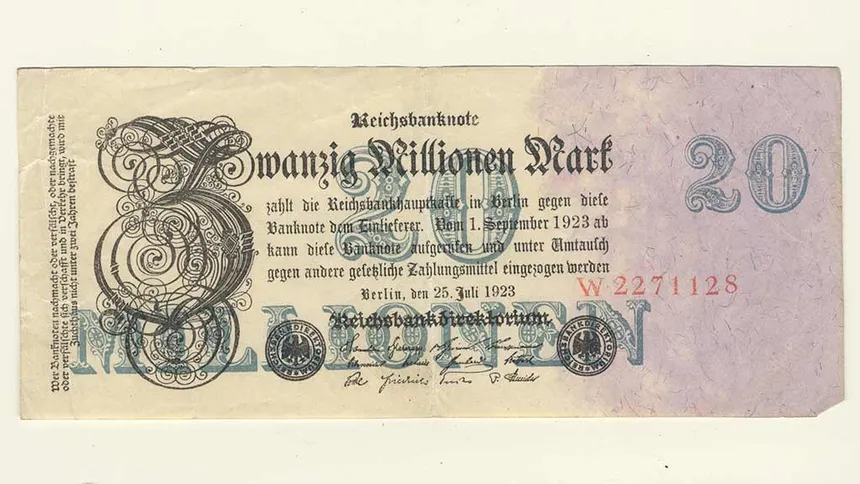 A 20 million German mark from Weimar Germany, an example of hyperinflation.